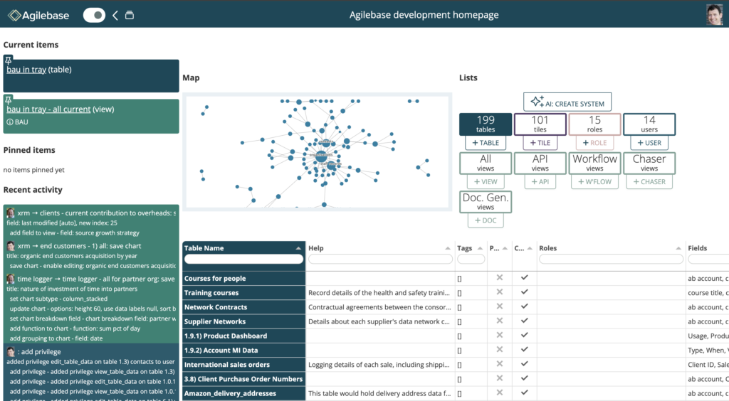 The development interface for Agilebase, making it easy for non-technical users to make changes to the software