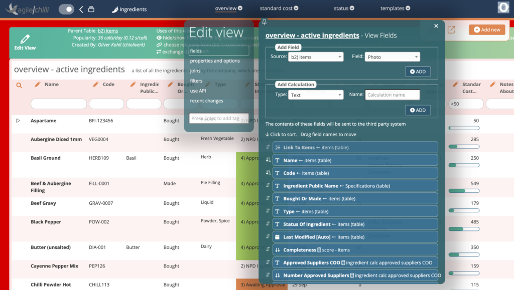 A screenshot of Agilebase showing how a user might edit what appears in a view 