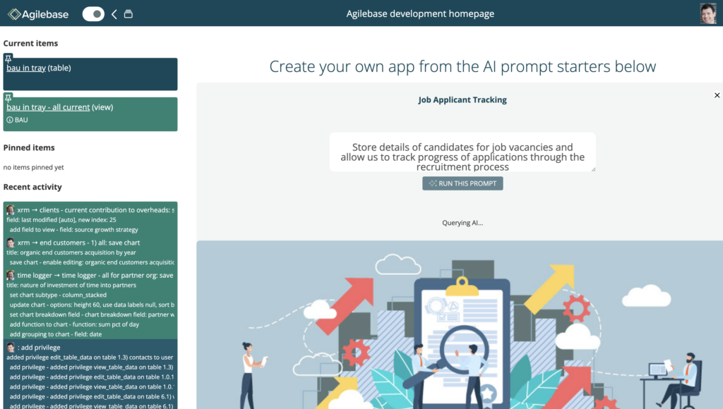 A screenshot of Agilebase software, showing how easy it is to build new parts of the software using AI prompts. 