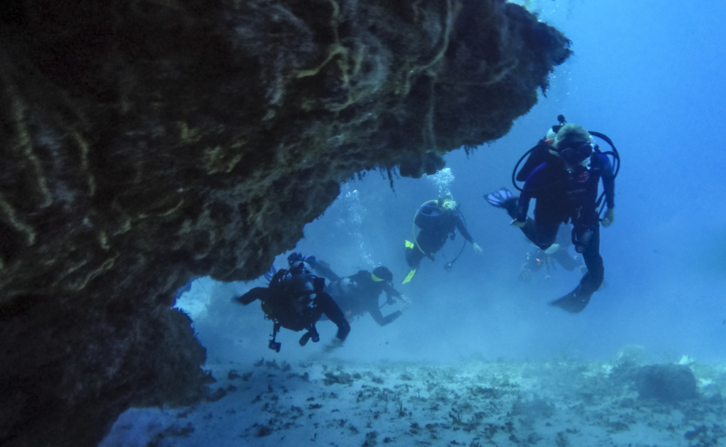 Scuba Divers in Cozumel, Mexico swimming through a coral cave
