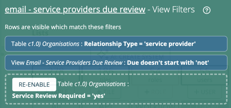 A screenshot from Agilebase of three filters applied to a view. Two are active, one is disabled with a 're-enable' button