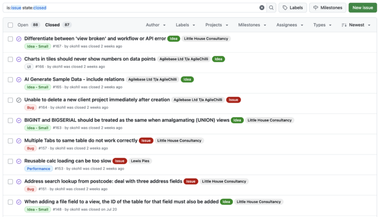 A list of closed issues and ideas (from Github's 'issues' screen) showing colour coded ideas and issues, tagged by category