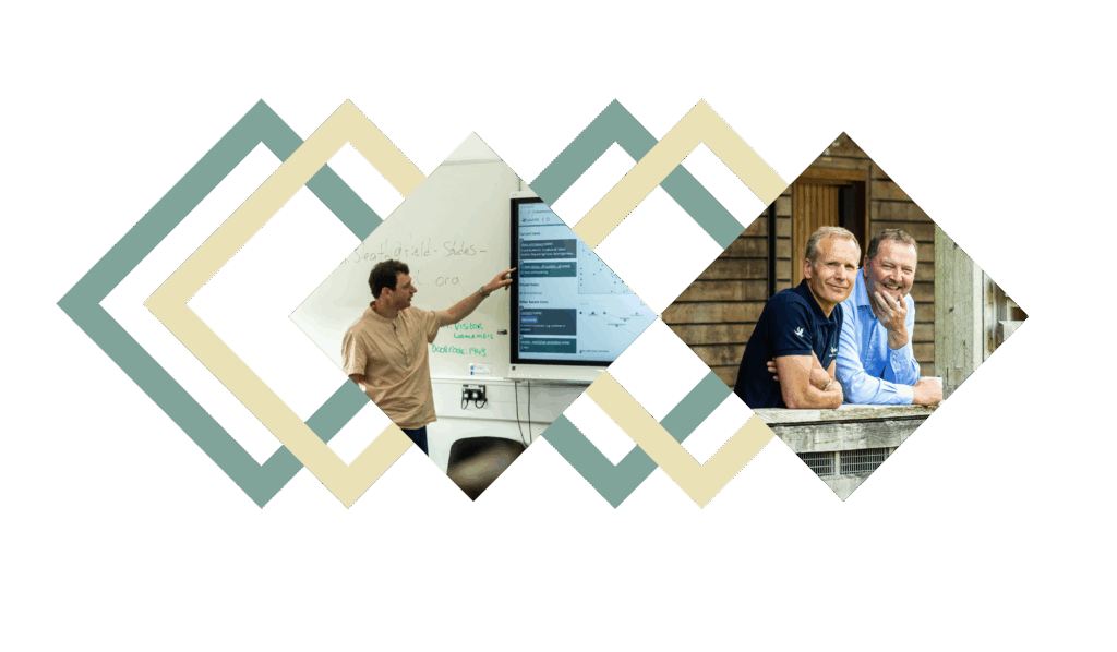 Graphic of three men, Mark, Cliff and Ollie in diamond shapes from Agilebase logo