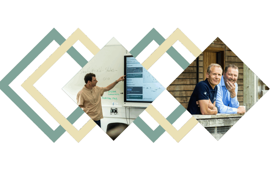 Graphic of three men, Mark, Cliff and Ollie in diamond shapes from Agilebase logo