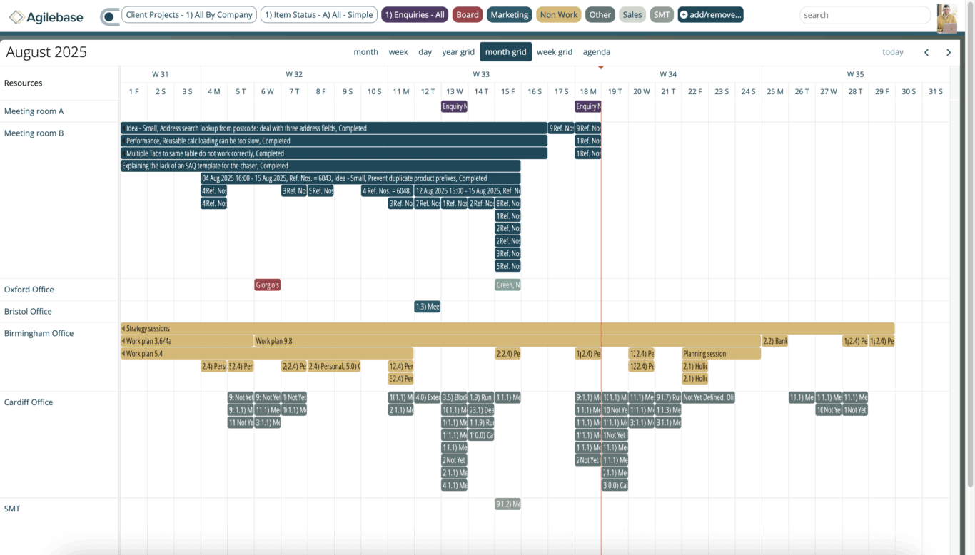Agilebase screenshot - calendar view, rotaring