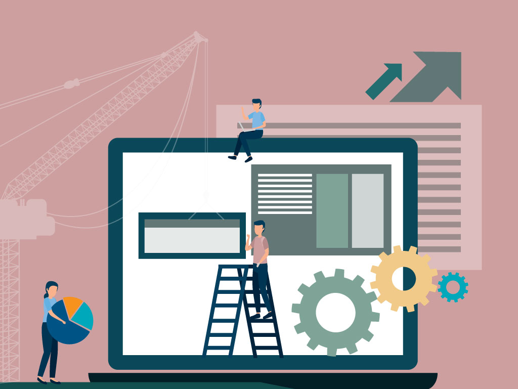 Laptop with cogs in it to represent building software