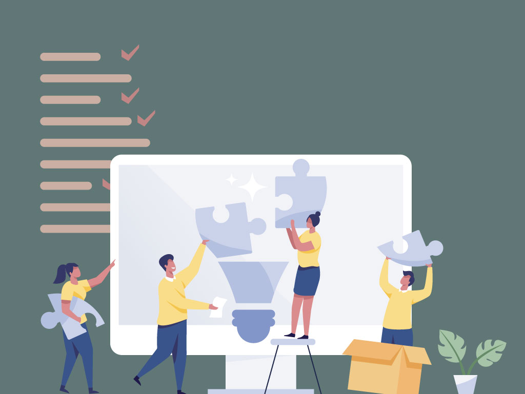 Graphic of building a lightbulb, and checklist