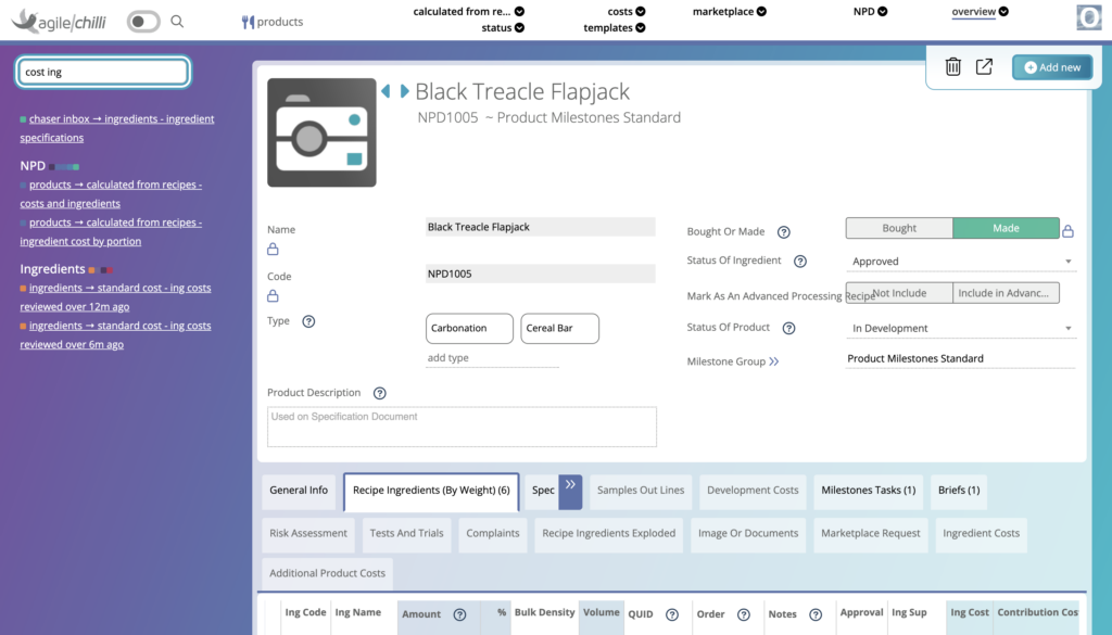 A screenshot showing an example of searching for 'cost ing' - ingredient cost views are appearing as results in the lefthand sidebar
