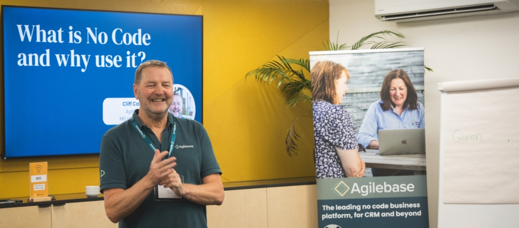 Presenting at an Agilebase event, slide titled 'What is No Code and why use it?'