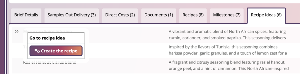 A screenshot showing a tab of recipe ideas and an open menu with a workflow button 'create the recipe'